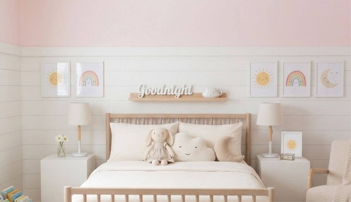 ไอเดียทาสีห้องนอนเด็กสีชมพูพาสเทล ตกแต่งน่ารัก ผนังทาสีชมพูอ่อนจาก Benjamin Moore ให้มู้ดละมุนตา