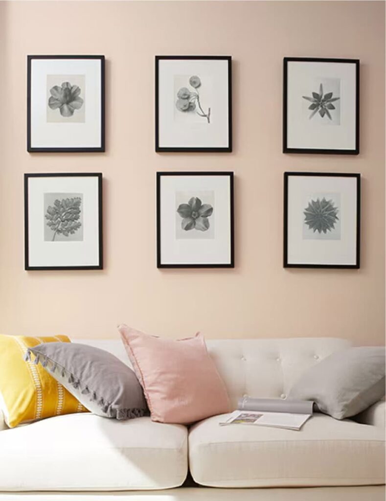 ห้องนั่งเล่นสีชมพูอ่อน บรรยากาศสบายตา ผนังทาด้วยสีชมพูยอดนิยม Dusty Trail 1157 สีชมพูพาสเทลยอดนิยม จาก Benjamin Moore