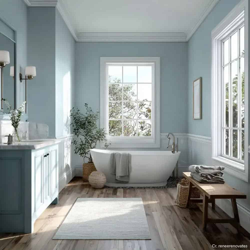 ห้องน้ำสีฟ้าอ่อน บรรยากาศสบายตา ผนังทาด้วยสีฟ้ายอดนิยม Yarmouth Blue HC-150 สีฟ้าพาสเทลยอดนิยม จาก Benjamin Moore